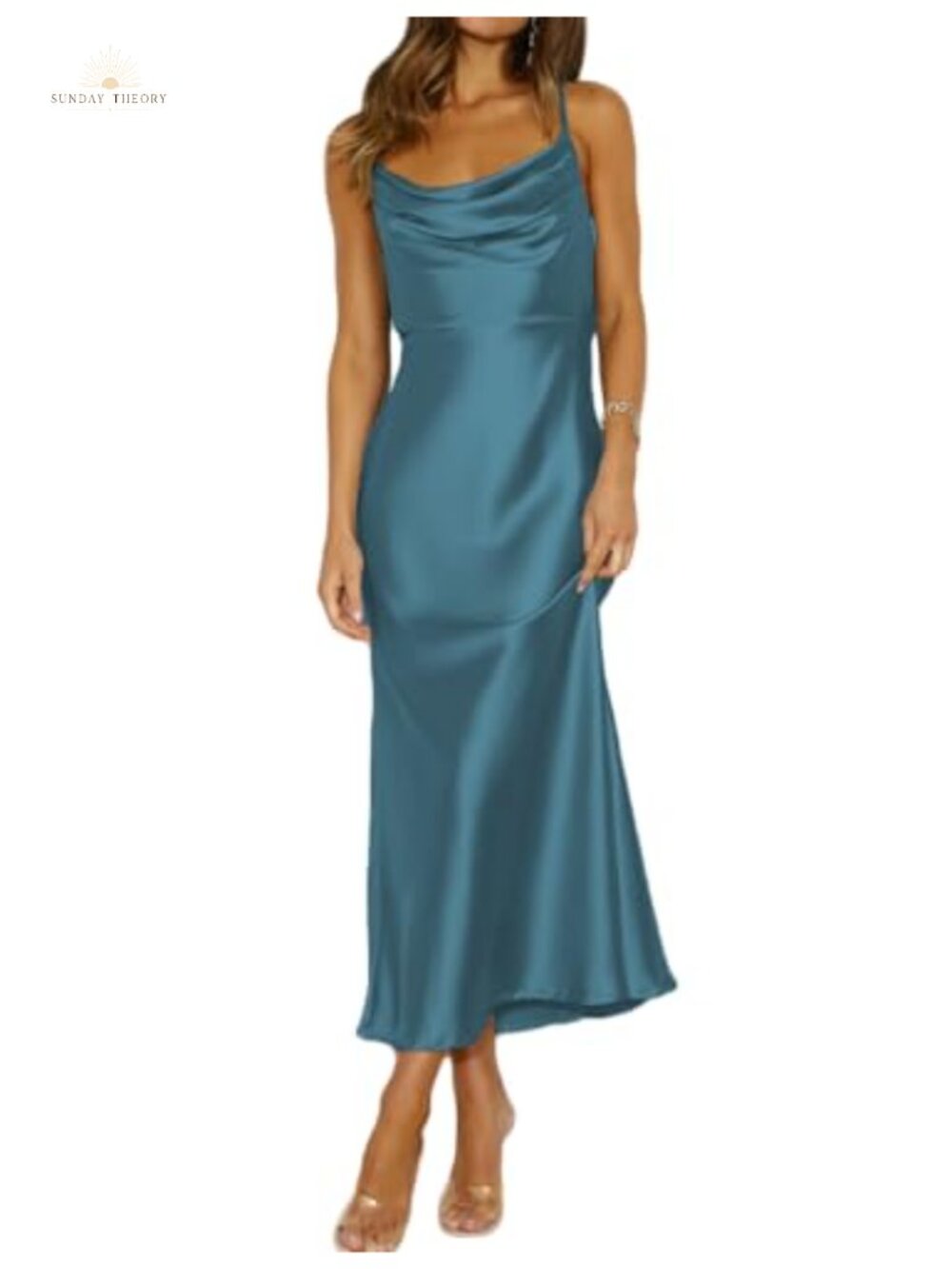 Satin Cowl Neck Backless Midi Dress Spaghetti Strap Wedding Guest Cocktail